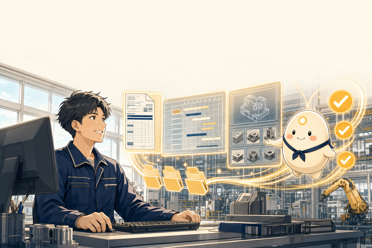 FactoryOS — リーちゃんが、整理された受注/生産/品質/出荷を AI が承認カードで回すワークフローを案内する様子
